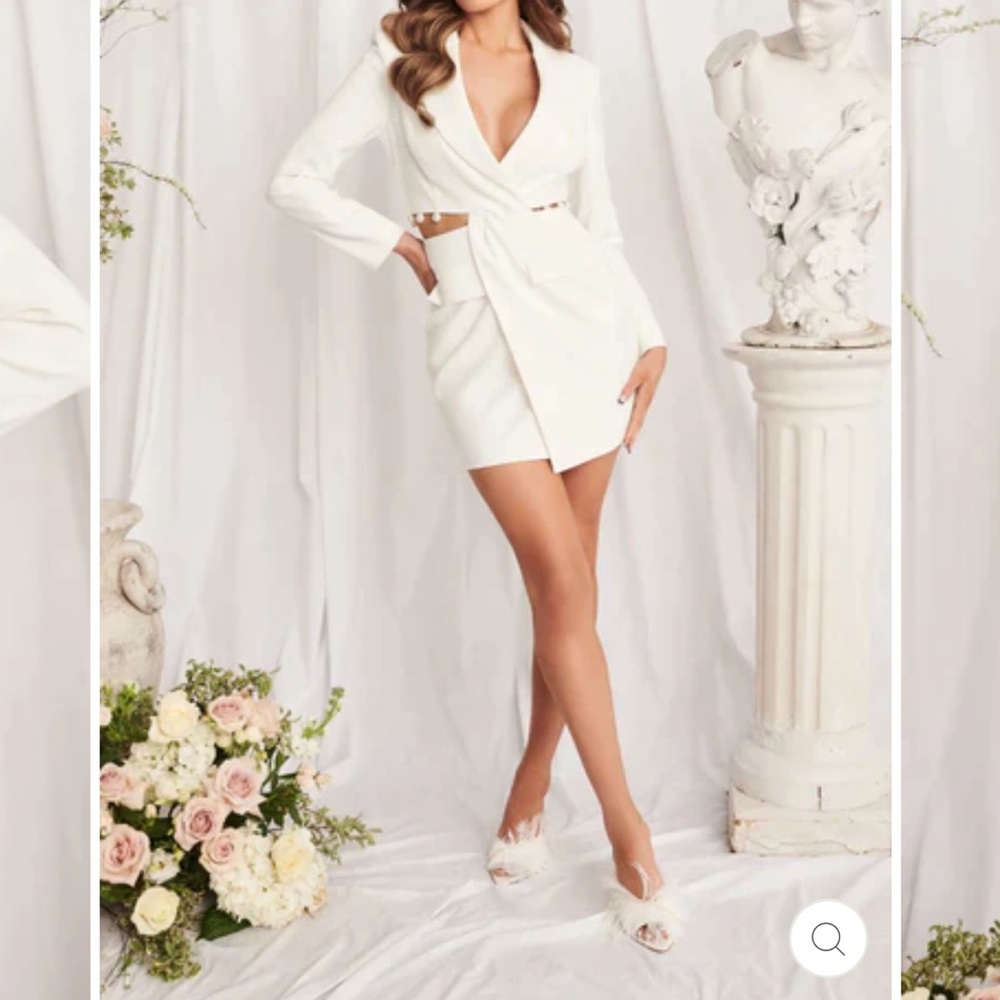 LAVISH ALICE PEARL TRIM CUT OUT WAIST BLAZER DRESS IN WHITE